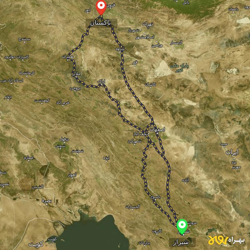 مسافت و فاصله تاکستان - قزوین تا شیراز از ۳ مسیر - اردیبهشت ۱۴۰۳