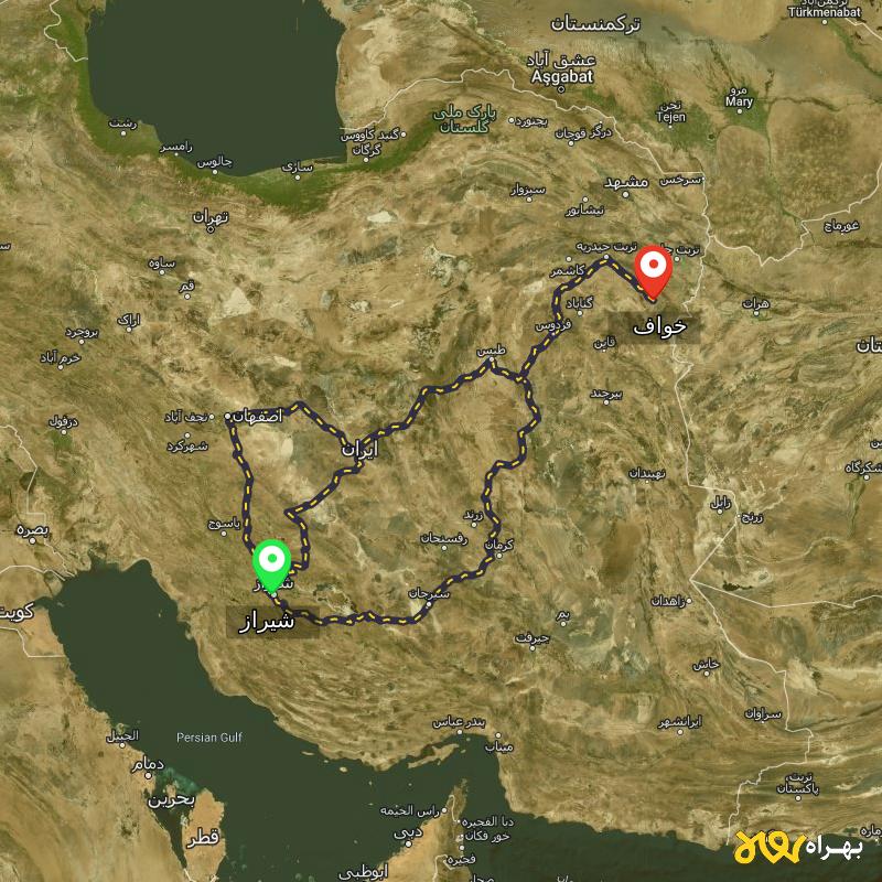 مسافت و فاصله خواف - خراسان رضوی تا شیراز از ۳ مسیر - اردیبهشت ۱۴۰۳