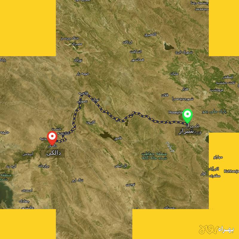 مسافت و فاصله دالکی - بوشهر تا شیراز - مسیریاب بهراه