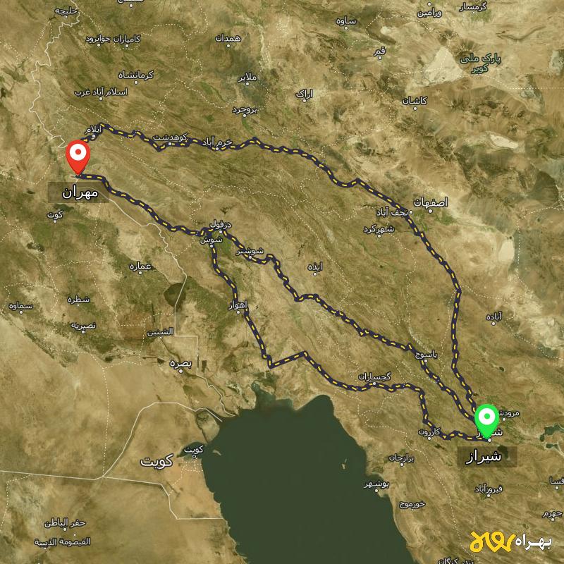 مسافت و فاصله مهران - ایلام تا شیراز از 3 مسیر - مسیریاب بهراه
