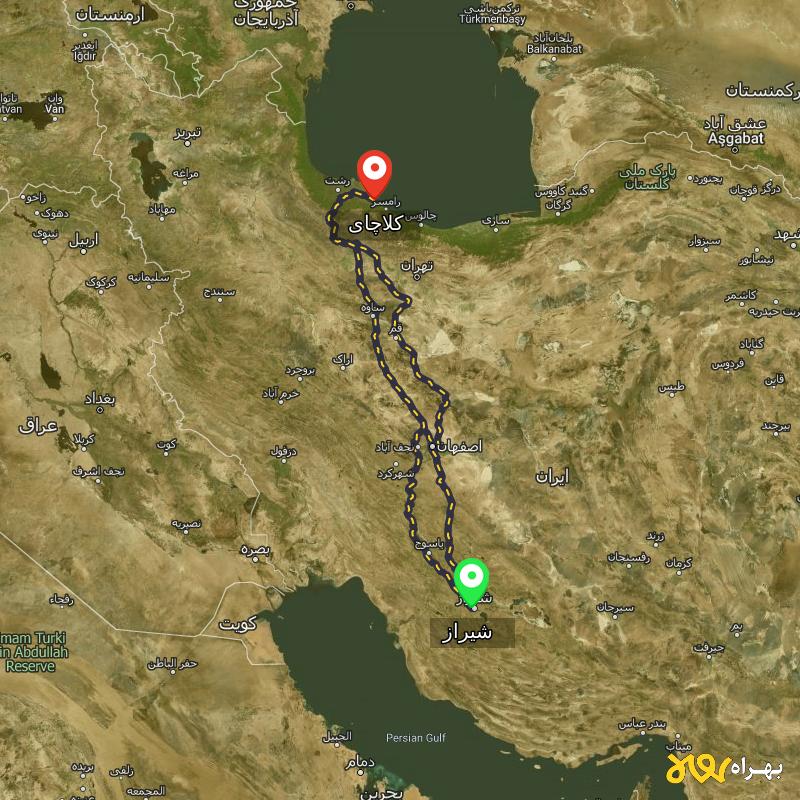 مسافت و فاصله کلاچای - گیلان تا شیراز از ۳ مسیر - مرداد ۱۴۰۳