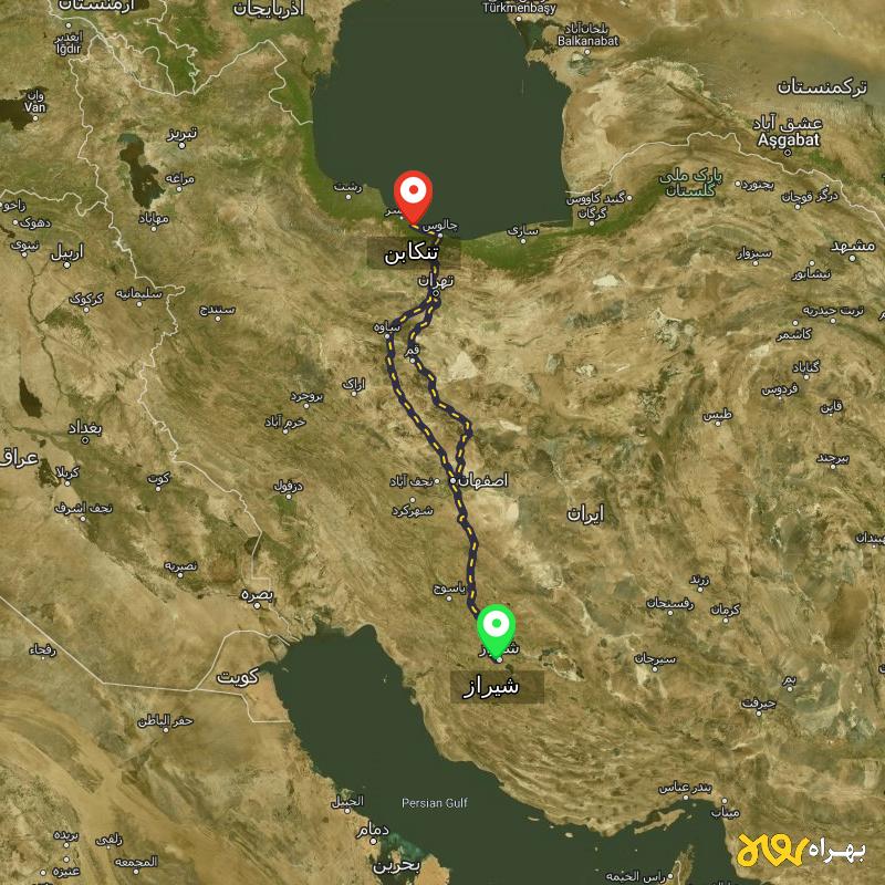 مسافت و فاصله تنکابن - مازندران تا شیراز از ۲ مسیر - مرداد ۱۴۰۳