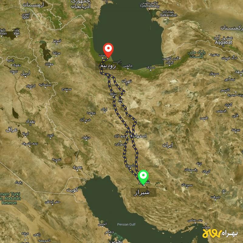 مسافت و فاصله رودبنه - گیلان تا شیراز از ۳ مسیر - اردیبهشت ۱۴۰۳