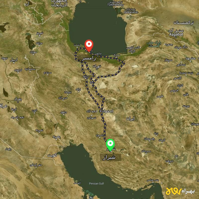 مسافت و فاصله رامسر - مازندران تا شیراز از ۳ مسیر - مرداد ۱۴۰۳