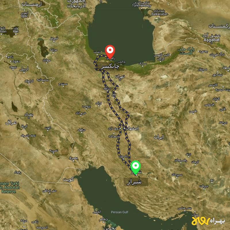 مسافت و فاصله چابکسر - گیلان تا شیراز از ۳ مسیر - آذر ۱۴۰۳