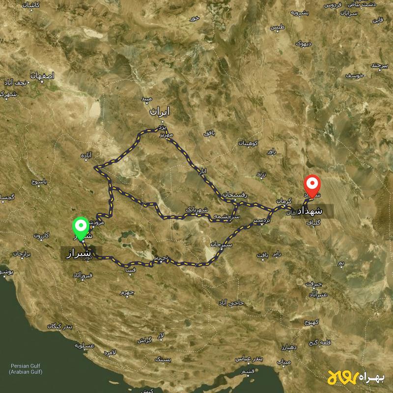مسافت و فاصله شهداد - کرمان تا شیراز از ۳ مسیر - دی ۱۴۰۳