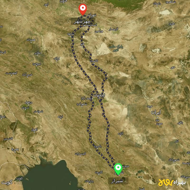 مسافت و فاصله مهرشهر - کرج تا شیراز از ۳ مسیر - اردیبهشت ۱۴۰۳