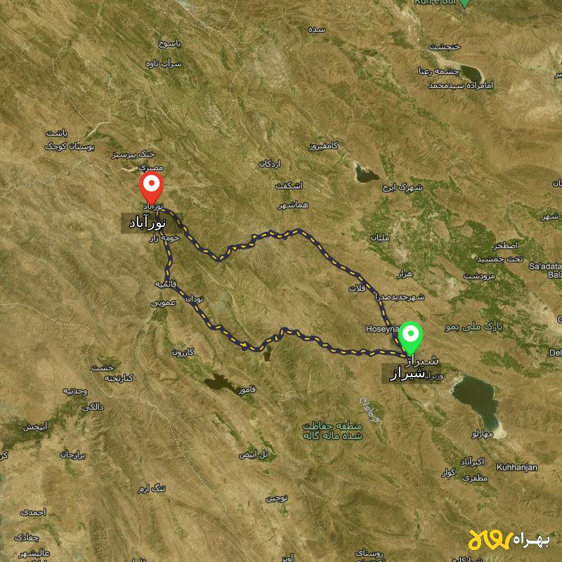 مسافت و فاصله نورآباد - نورآباد ممسنی تا شیراز از 2 مسیر - مسیریاب بهراه