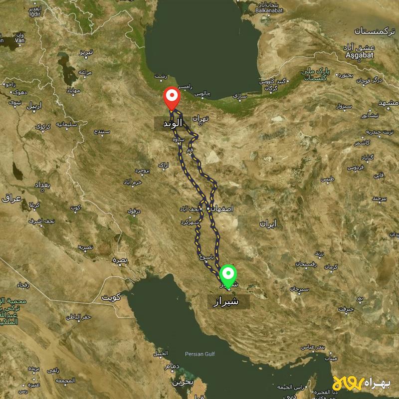 مسافت و فاصله الوند - قزوین تا شیراز از ۳ مسیر - مرداد ۱۴۰۳