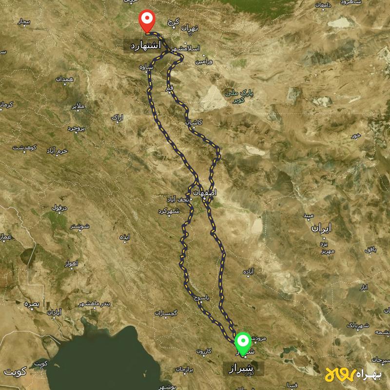 مسافت و فاصله اشتهارد - البرز تا شیراز از ۳ مسیر - آذر ۱۴۰۳