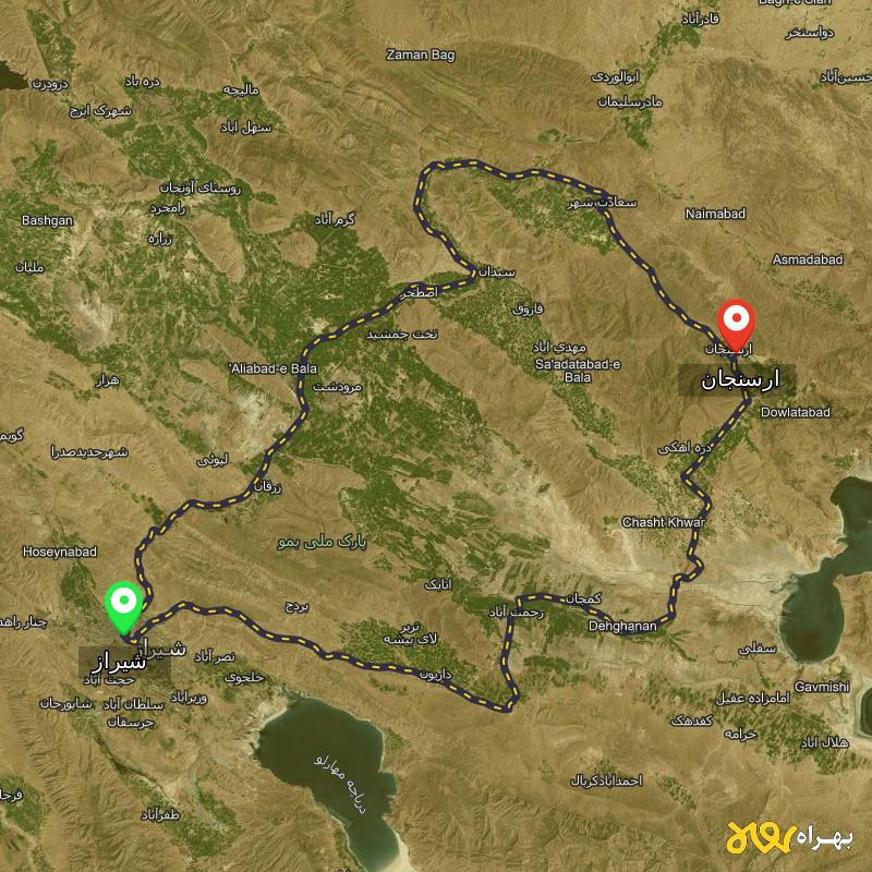 مسافت و فاصله ارسنجان - فارس تا شیراز از ۲ مسیر - اردیبهشت ۱۴۰۳