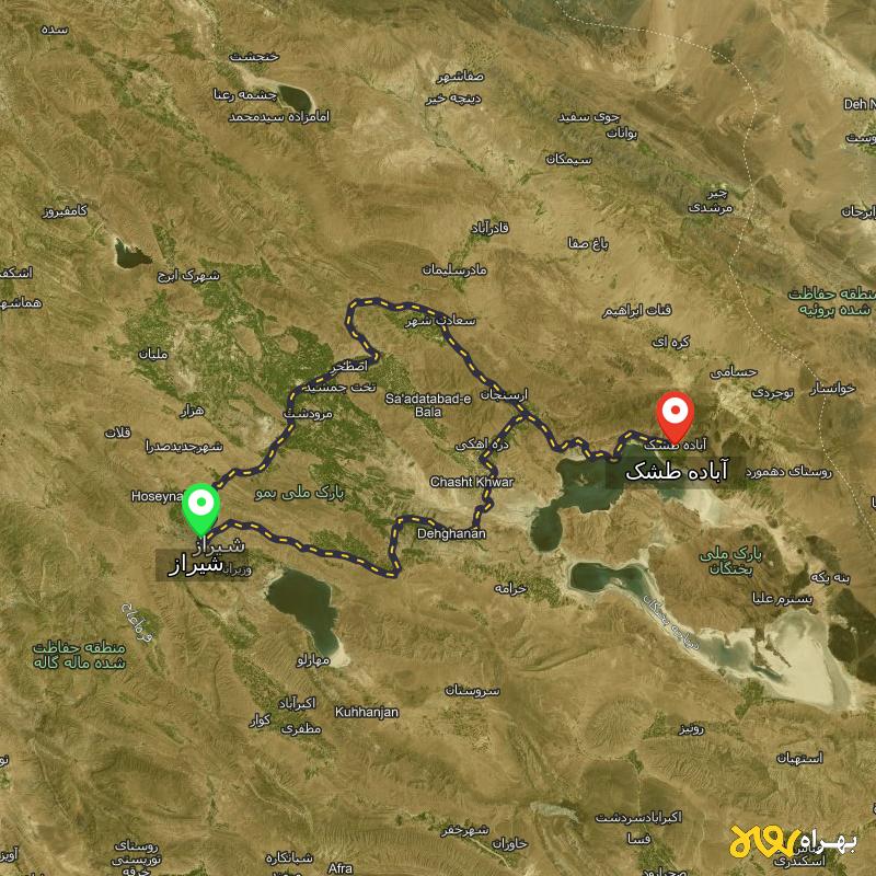مسافت و فاصله آباده طشک - فارس تا شیراز از ۲ مسیر - اردیبهشت ۱۴۰۳