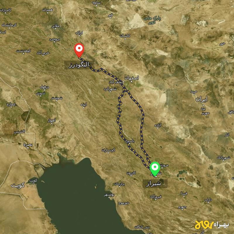 مسافت و فاصله الیگودرز - لرستان تا شیراز از 2 مسیر - مسیریاب بهراه