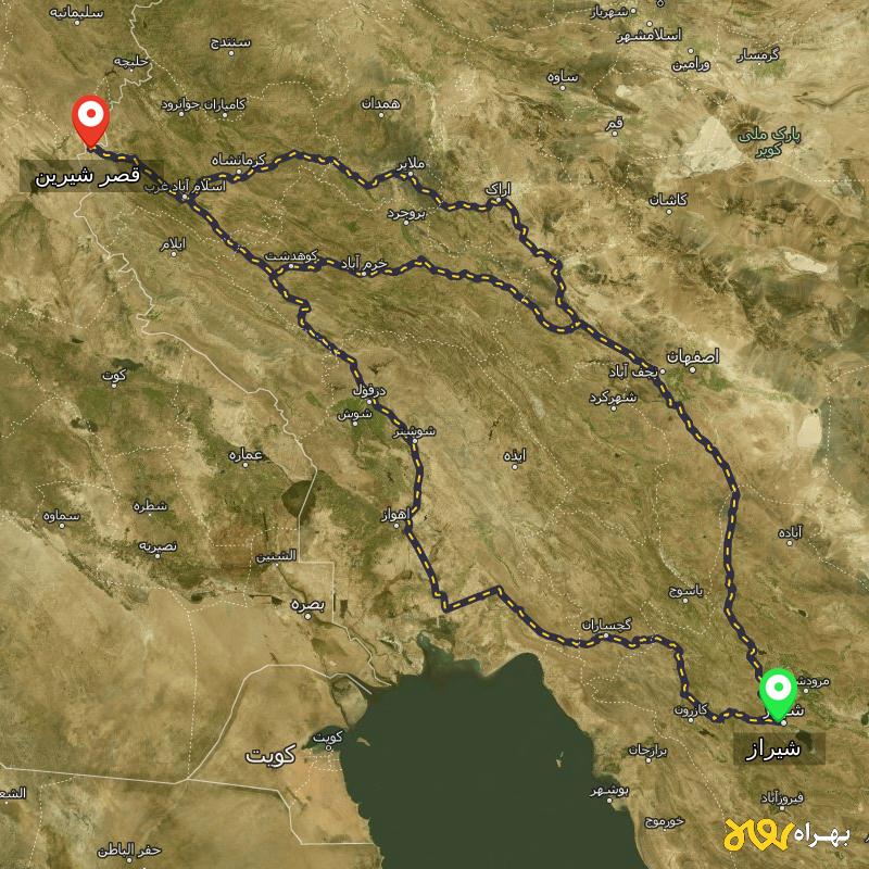 مسافت و فاصله قصر شیرین - کرمانشاه تا شیراز از ۳ مسیر - اردیبهشت ۱۴۰۳