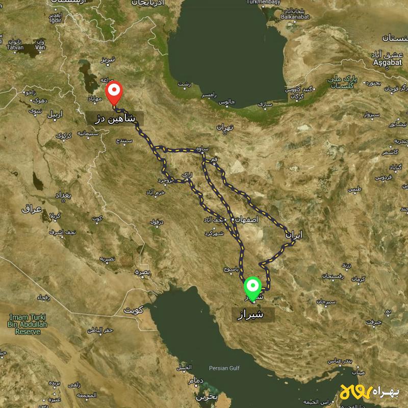 مسافت و فاصله شاهین دژ - آذربایجان غربی تا شیراز از ۳ مسیر - دی ۱۴۰۳
