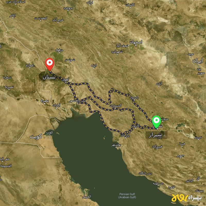 مسافت و فاصله بستان - خوزستان تا شیراز از ۳ مسیر - اردیبهشت ۱۴۰۳