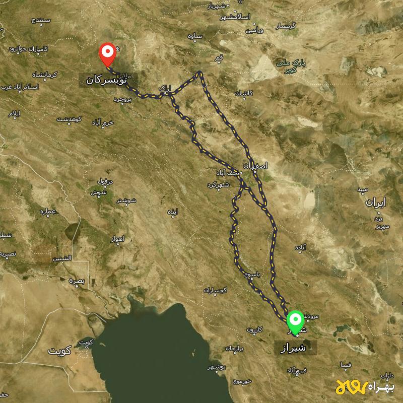 مسافت و فاصله تویسرکان - همدان تا شیراز از 3 مسیر - مسیریاب بهراه
