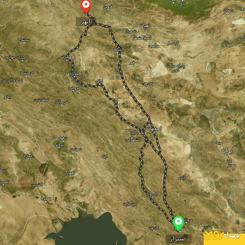 مسافت و فاصله ابهر - زنجان تا شیراز از ۳ مسیر - اردیبهشت ۱۴۰۳