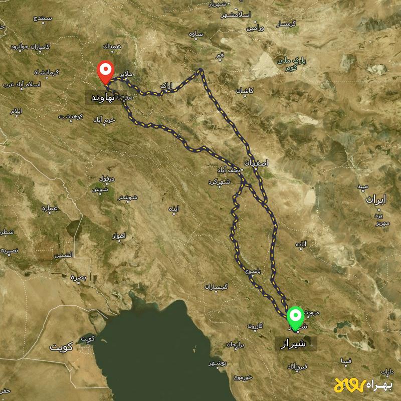 مسافت و فاصله نهاوند - همدان تا شیراز از ۳ مسیر - شهریور ۱۴۰۳