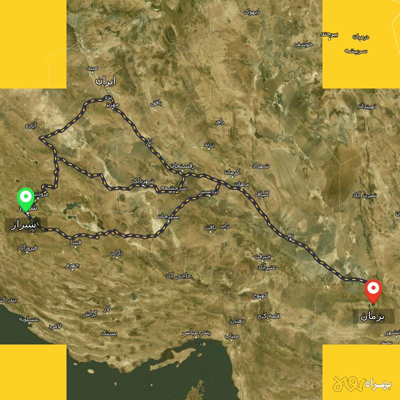 مسافت و فاصله بزمان - سیستان و بلوچستان تا شیراز از ۳ مسیر - مرداد ۱۴۰۳