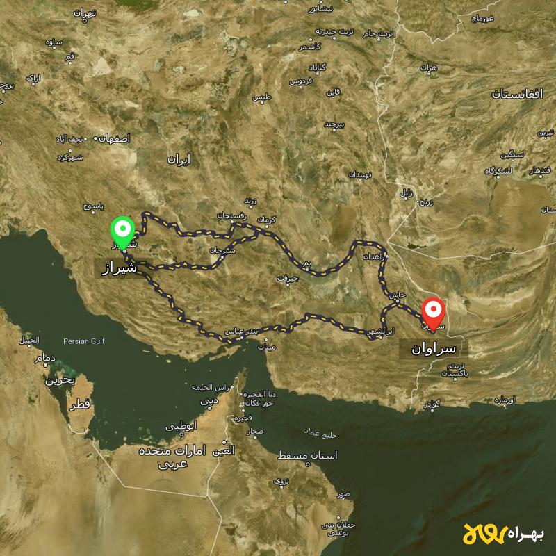 مسافت و فاصله سراوان - سیستان و بلوچستان تا شیراز از 3 مسیر - مسیریاب بهراه