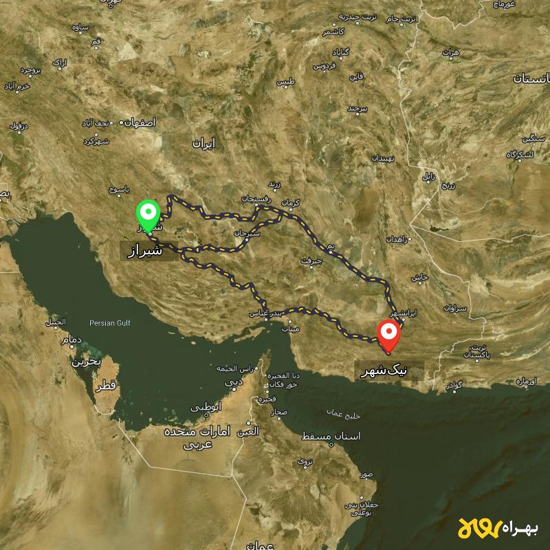 مسافت و فاصله نیک‌شهر - سیستان و بلوچستان تا شیراز از 3 مسیر - مسیریاب بهراه