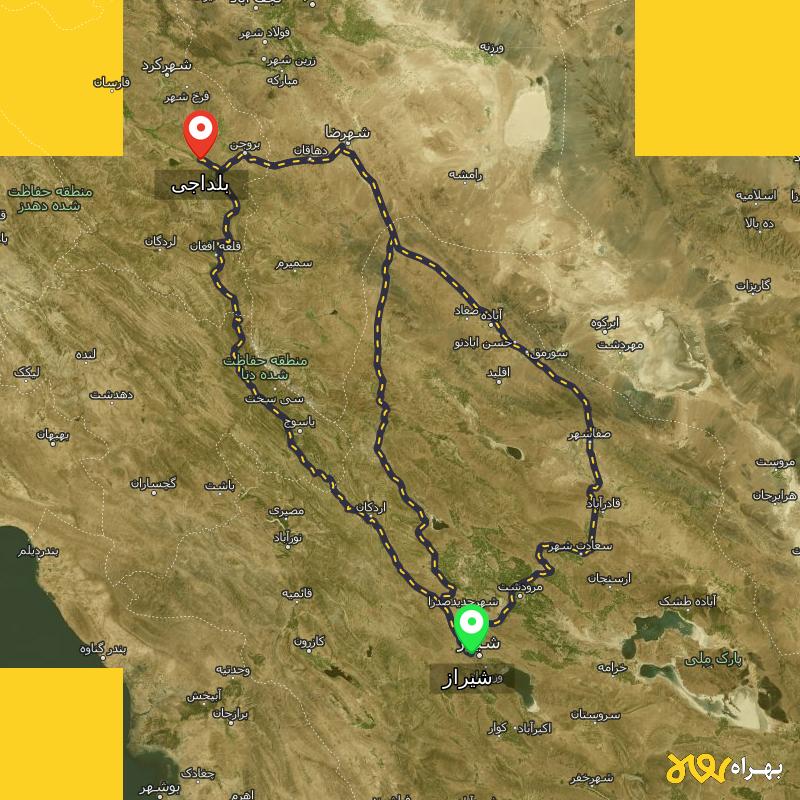 مسافت و فاصله بلداجی - چهارمحال و بختیاری تا شیراز از ۳ مسیر - اردیبهشت ۱۴۰۳
