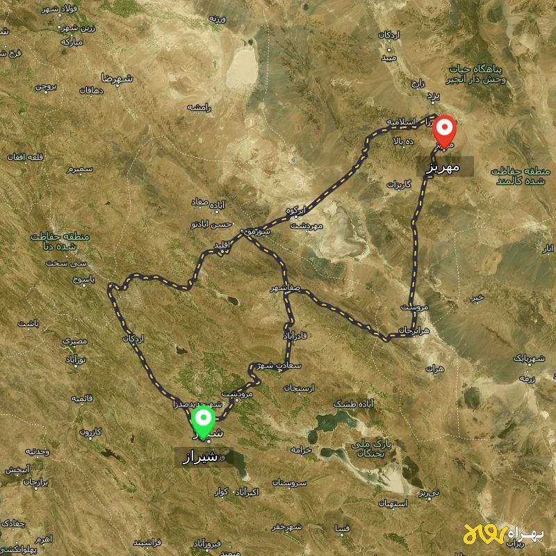 مسافت و فاصله مهریز - یزد تا شیراز از 3 مسیر - مسیریاب بهراه