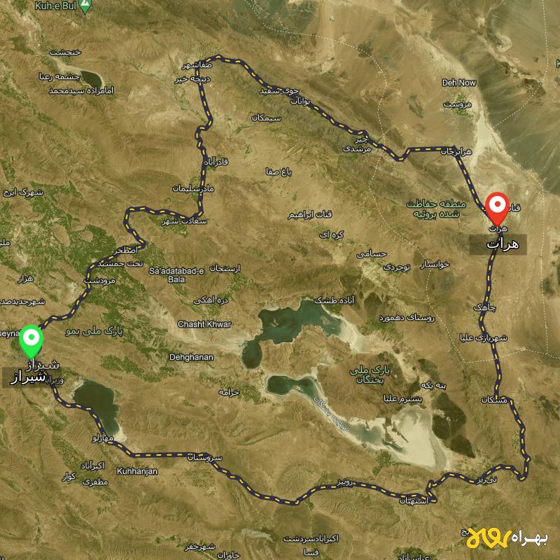 مسافت و فاصله هرات - یزد تا شیراز از 2 مسیر - مسیریاب بهراه