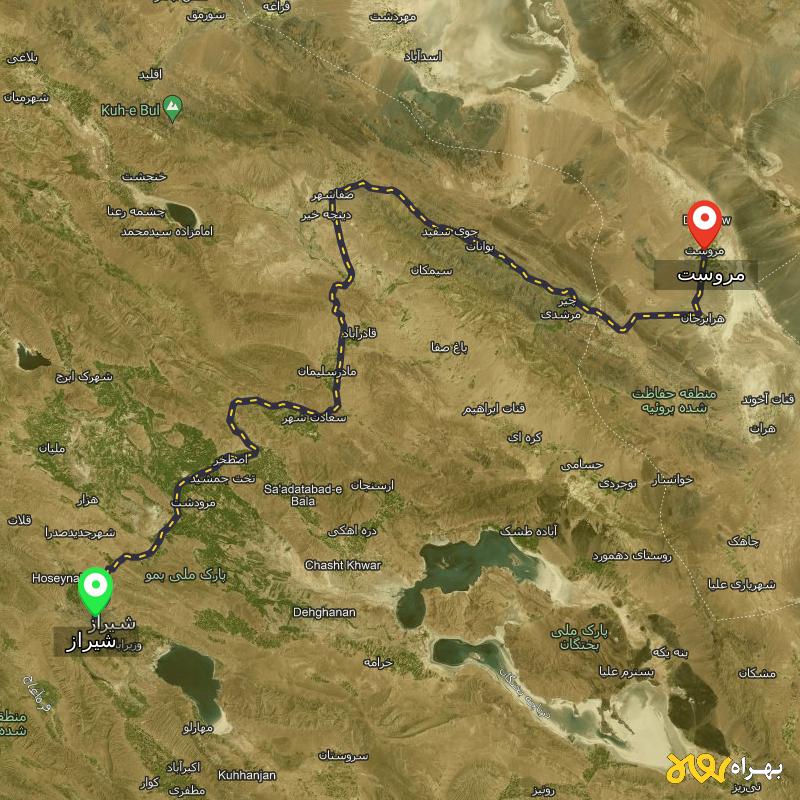 مسافت و فاصله مروست - یزد تا شیراز - مسیریاب بهراه