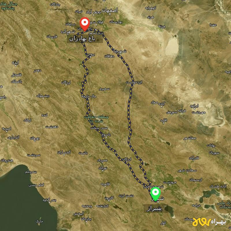مسافت و فاصله باغ بهادران - اصفهان تا شیراز از ۲ مسیر - آذر ۱۴۰۳