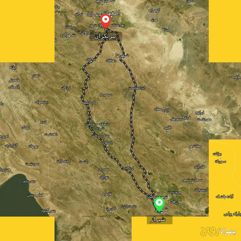 مسافت و فاصله پیربکران - اصفهان تا شیراز از ۲ مسیر - آذر ۱۴۰۳