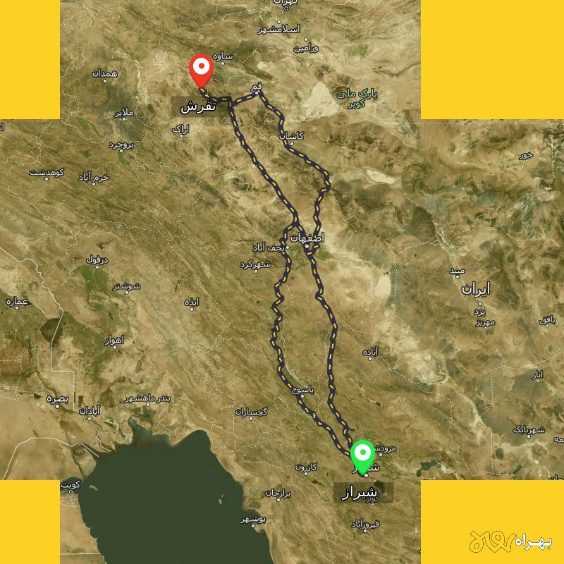 مسافت و فاصله تفرش - مرکزی تا شیراز از ۳ مسیر - آذر ۱۴۰۳