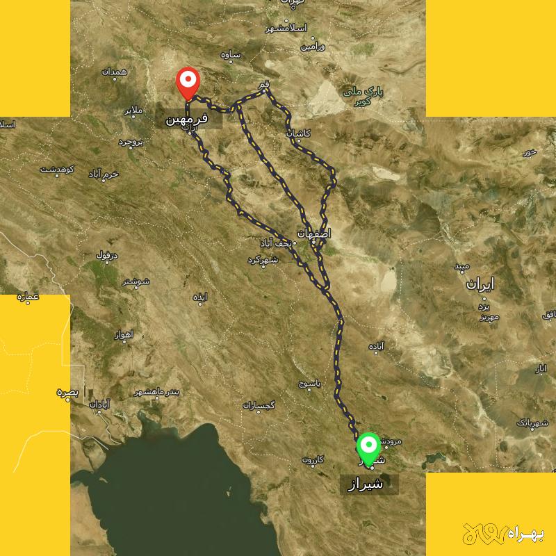 مسافت و فاصله فرمهین - مرکزی تا شیراز از ۳ مسیر - آذر ۱۴۰۳