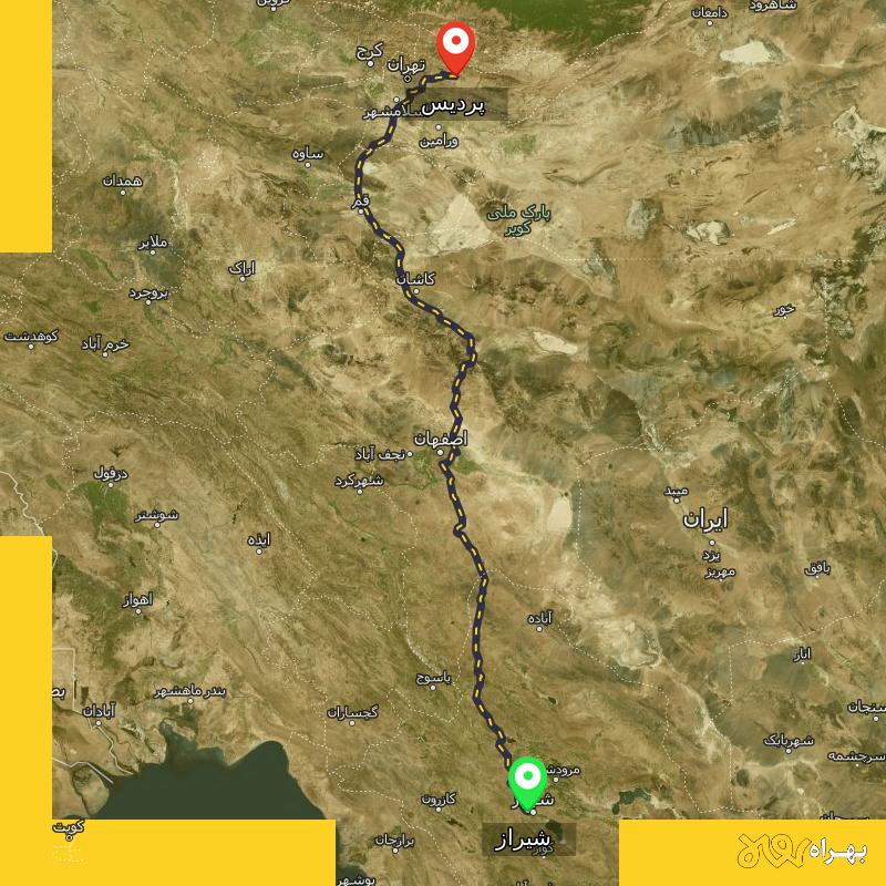 مسافت و فاصله پردیس - تهران تا شیراز - مهر ۱۴۰۳