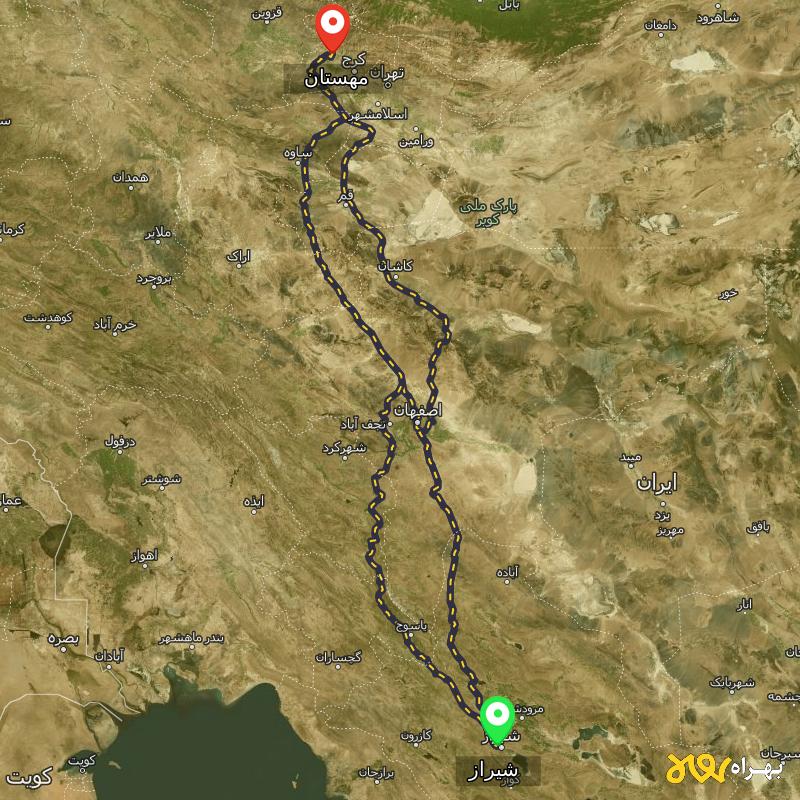 مسافت و فاصله مهستان تا شیراز از ۳ مسیر - آذر ۱۴۰۳