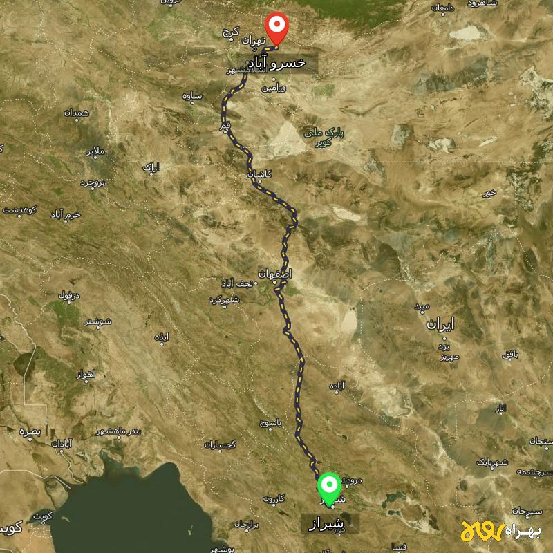 مسافت و فاصله خسرو آباد - تهران تا شیراز - مرداد ۱۴۰۳