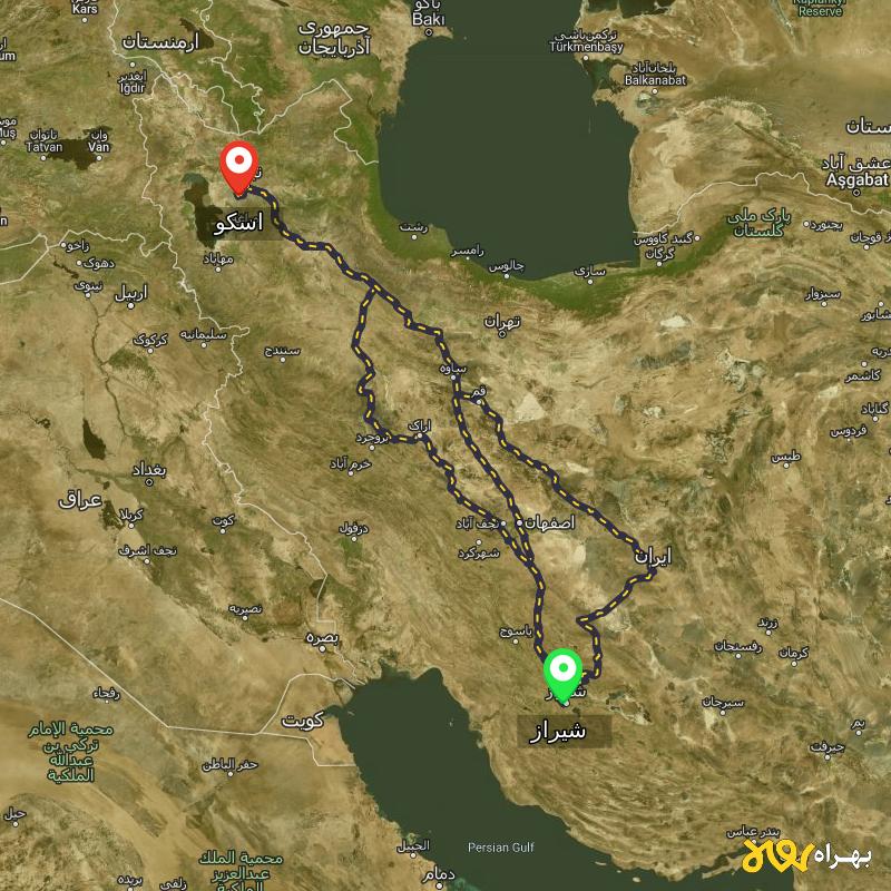 مسافت و فاصله اسکو - آذربایجان شرقی تا شیراز از ۳ مسیر - آذر ۱۴۰۳