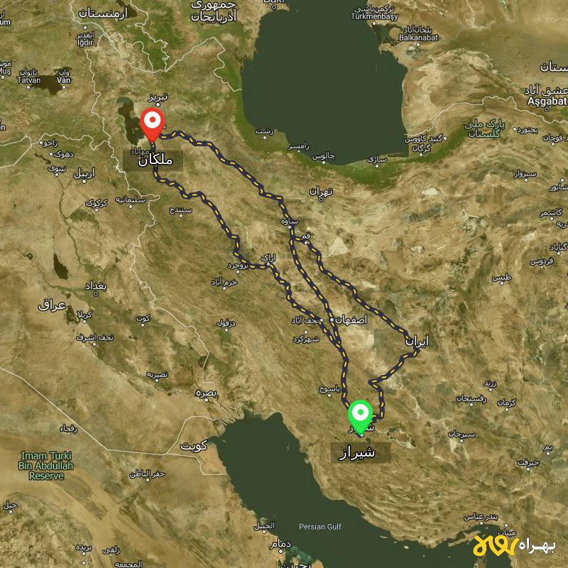 مسافت و فاصله ملکان - آذربایجان شرقی تا شیراز از ۳ مسیر - مرداد ۱۴۰۳