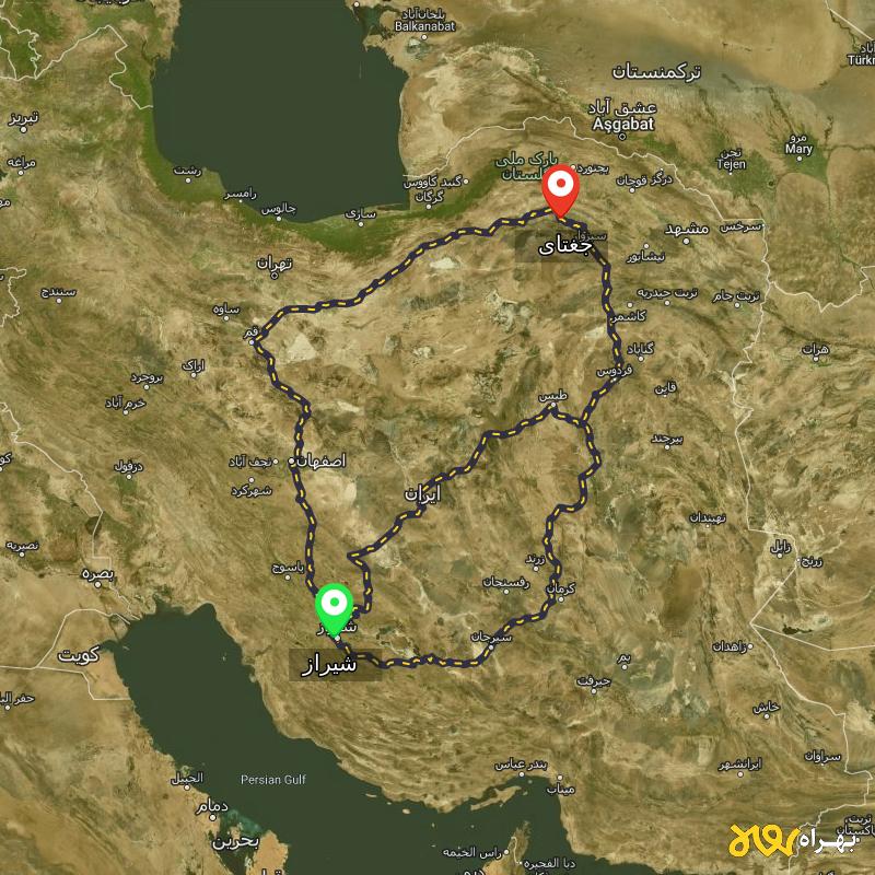 مسافت و فاصله جغتای - خراسان رضوی تا شیراز از ۳ مسیر - اردیبهشت ۱۴۰۳