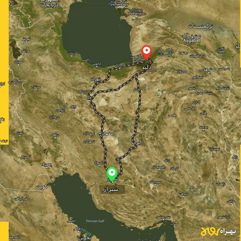 مسافت و فاصله دلند - گلستان تا شیراز از ۳ مسیر - دی ۱۴۰۳