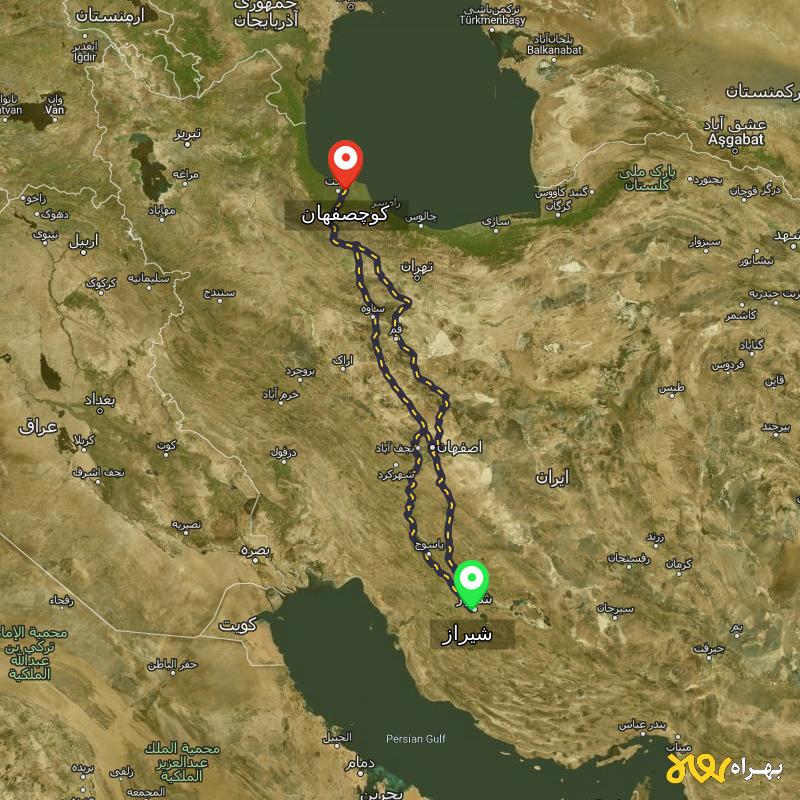 مسافت و فاصله کوچصفهان - گیلان تا شیراز از ۳ مسیر - آبان ۱۴۰۳