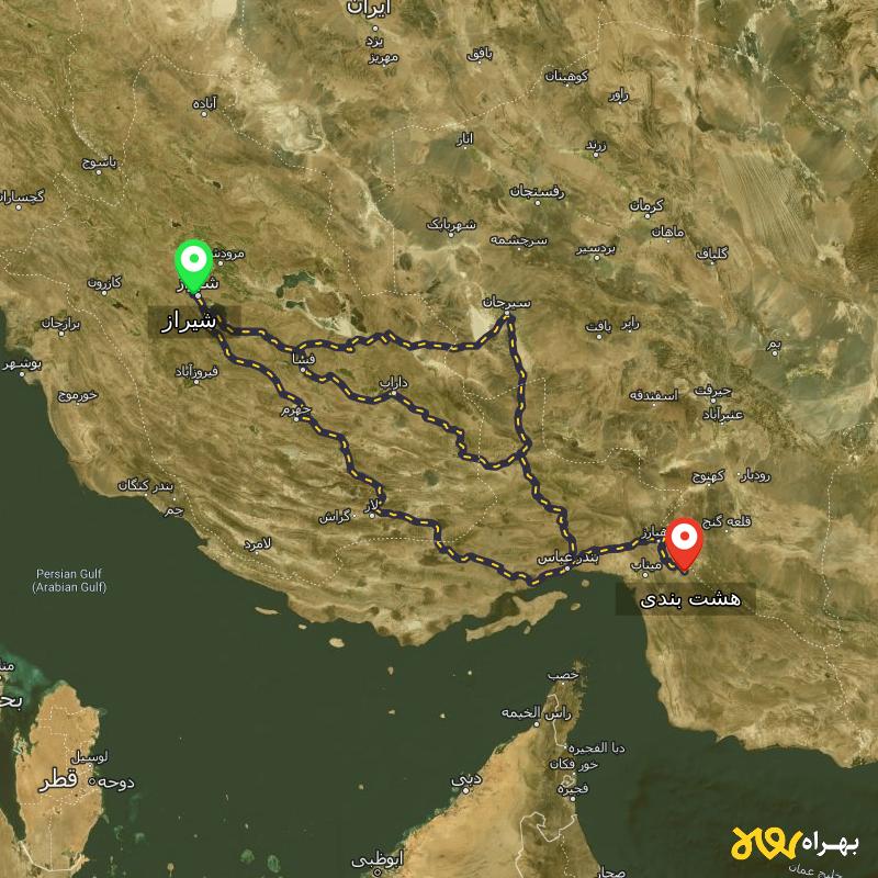 مسافت و فاصله هشت بندی - هرمزگان تا شیراز از ۳ مسیر - اردیبهشت ۱۴۰۳
