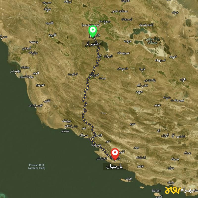 مسافت و فاصله پارسیان - هرمزگان تا شیراز - اردیبهشت ۱۴۰۳