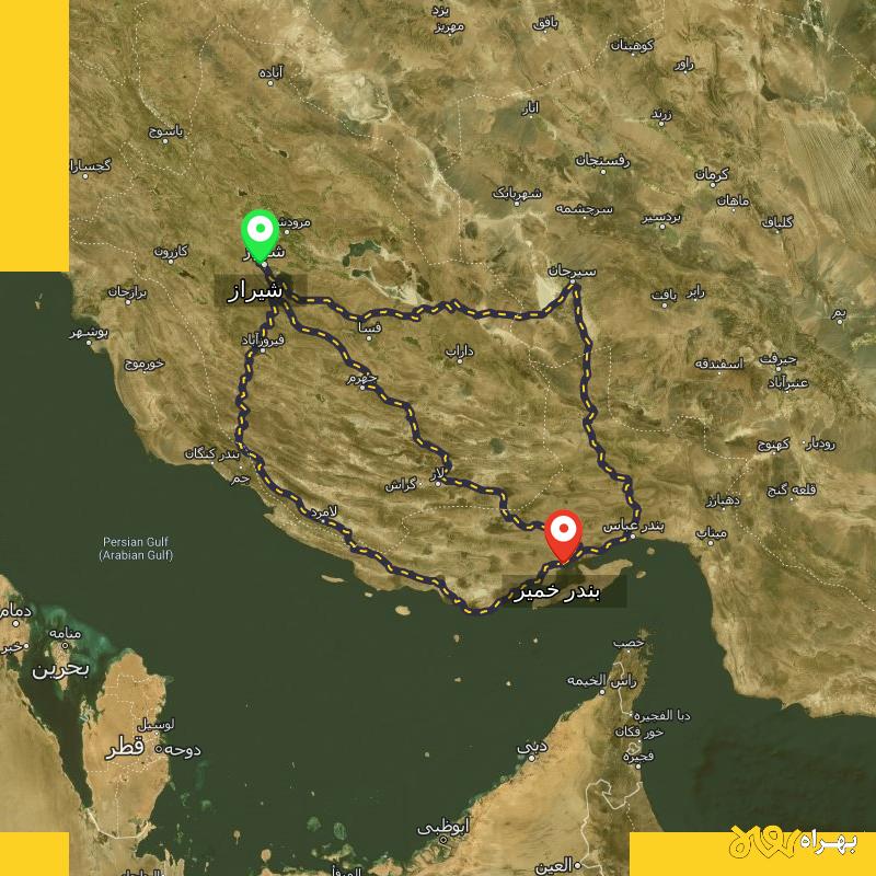 مسافت و فاصله بندر خمیر - هرمزگان تا شیراز از ۳ مسیر - اردیبهشت ۱۴۰۳