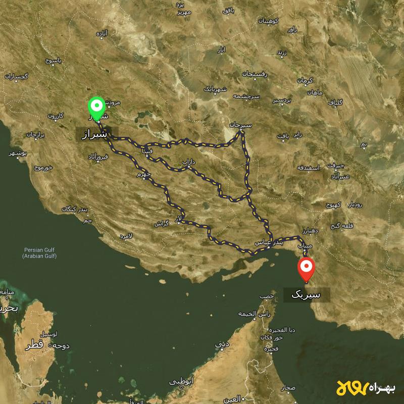 مسافت و فاصله سیریک - هرمزگان تا شیراز از ۳ مسیر - اردیبهشت ۱۴۰۳