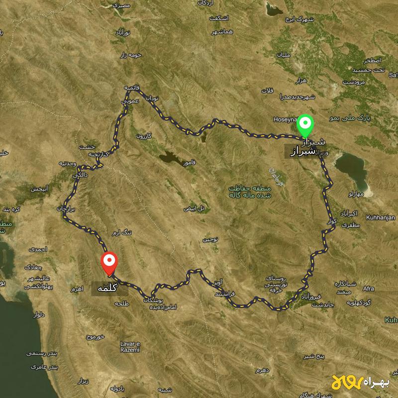 مسافت و فاصله کلمه - بوشهر تا شیراز از ۲ مسیر - اردیبهشت ۱۴۰۳