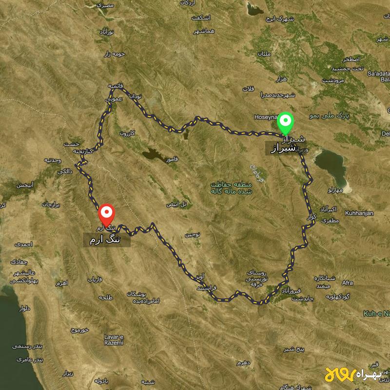 مسافت و فاصله تنگ ارم - بوشهر تا شیراز از ۲ مسیر - اردیبهشت ۱۴۰۳