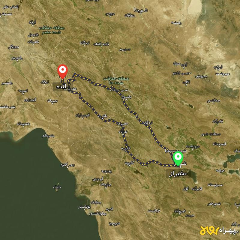 مسافت و فاصله لنده - کهگیلویه و بویر احمد تا شیراز از ۲ مسیر - اردیبهشت ۱۴۰۳