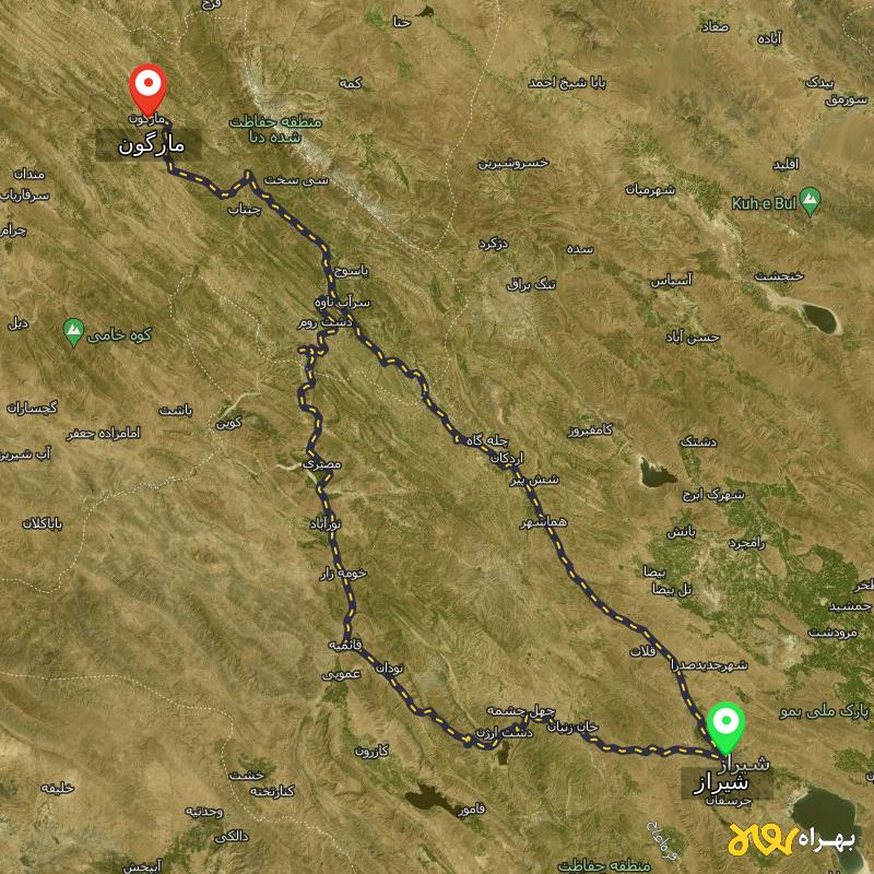 مسافت و فاصله مارگون - کهگیلویه و بویر احمد تا شیراز از ۲ مسیر - آبان ۱۴۰۳
